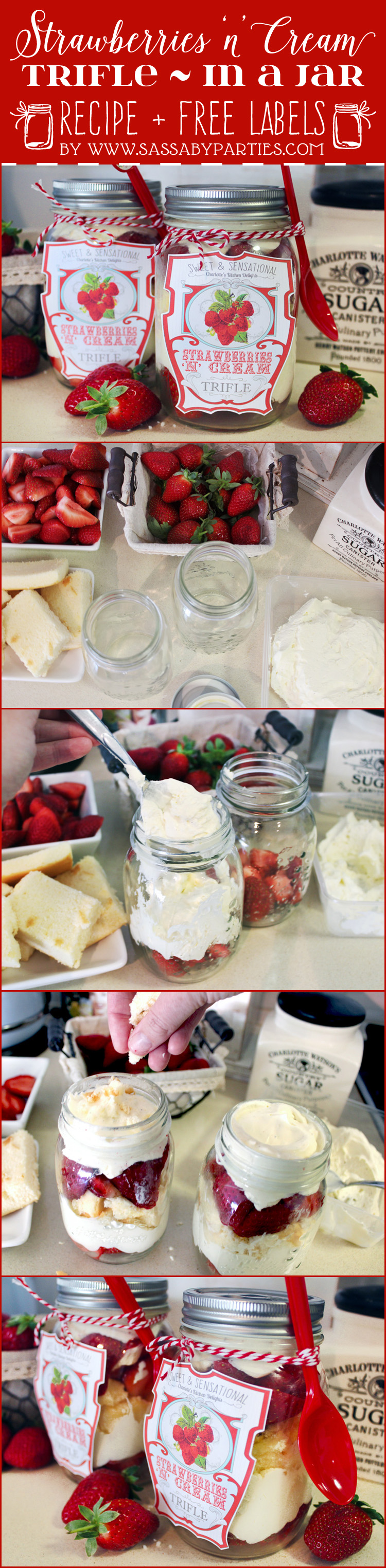 Strawberries n Cream Trifle Recipe + Free Labels by SassabyParties.com