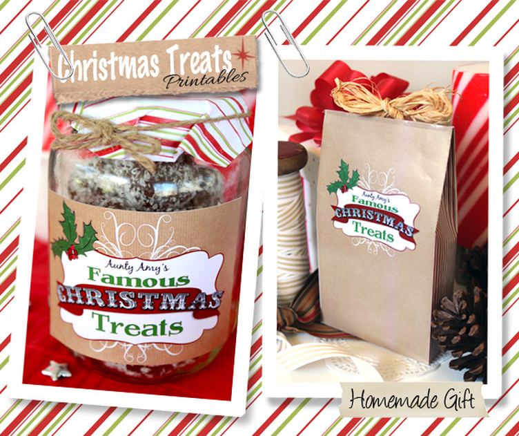 Christmas Treats Free Printable Labels and Gift Bag. Perfect for homemade yummy treats for the holiday season from SassabyParties.com