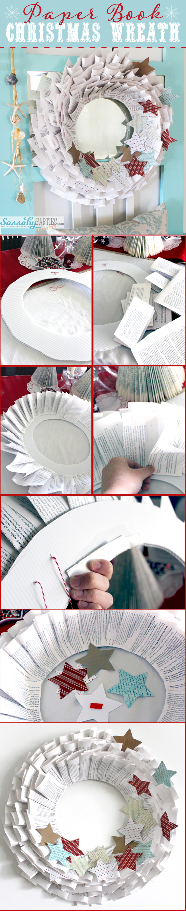 Fun & Easy Book Paper Christmas Wreath Tutorial & Free Printable Papers from SassabyParties.com