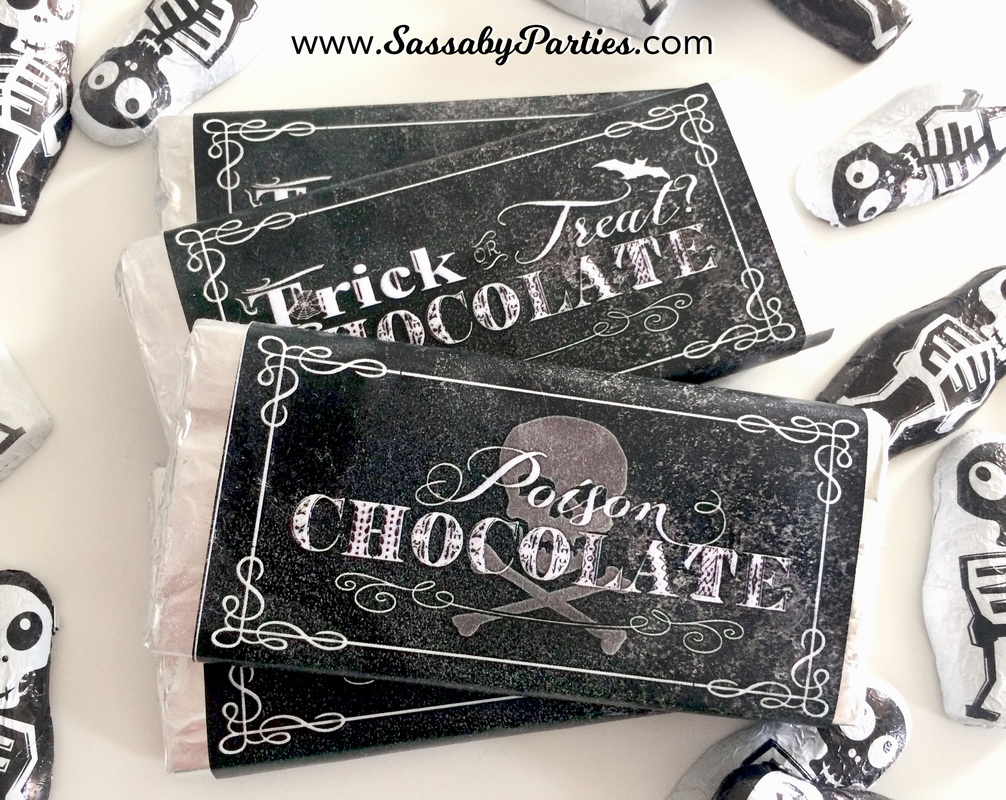 Free Halloween chocolate bar wrappers in 2 sizes from SassabyParties.com